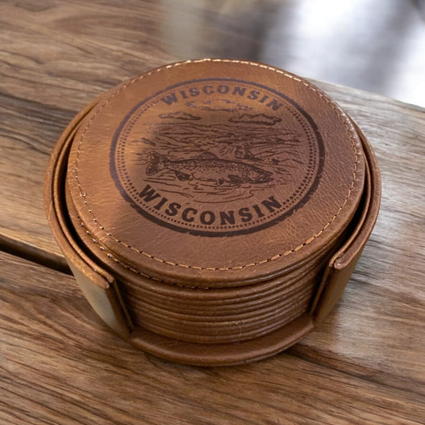 Personalized State Leather Coasters with Engraved Trout Fishing Design - SystemPoint Solutions