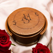Set of 6 Leather Coasters with Holder - Custom Circle Rose Design Wedding Theme, Initials, Names & Date - SystemPoint Solutions