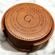 Set of 6 Leather Coasters with Holder - Custom Initial and Name Design, Laser Engraved Gift Set - SystemPoint Solutions