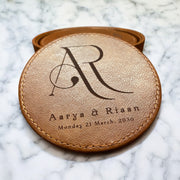 Set of 6 Leather Coasters with Holder - Custom Monogram Initial with Names and Date, Laser Engraved Gift Set - SystemPoint Solutions