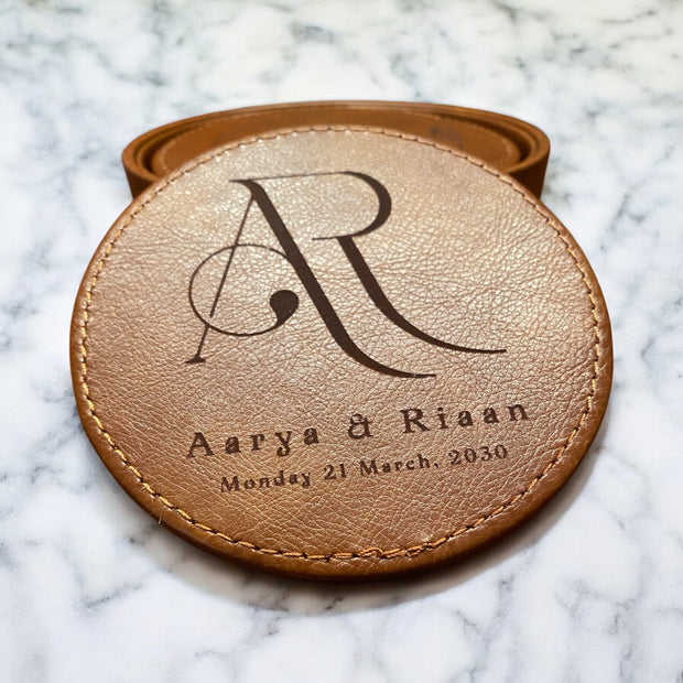 Set of 6 Leather Coasters with Holder - Custom Monogram Initial with Names and Date, Laser Engraved Gift Set - SystemPoint Solutions