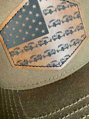 USA Dodge RAM-Style Truck Flag Patch Trucker Hat - Tan Mesh Snapback Cap - SystemPoint Solutions