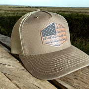 USA Dodge RAM-Style Truck Flag Patch Trucker Hat - Tan Mesh Snapback Cap - SystemPoint Solutions