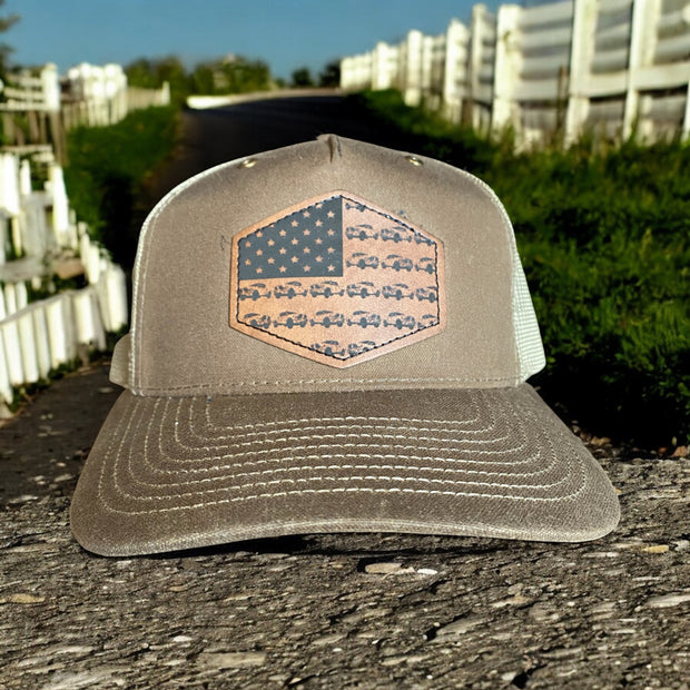 USA Dodge RAM-Style Truck Flag Patch Trucker Hat - Tan Mesh Snapback Cap - SystemPoint Solutions
