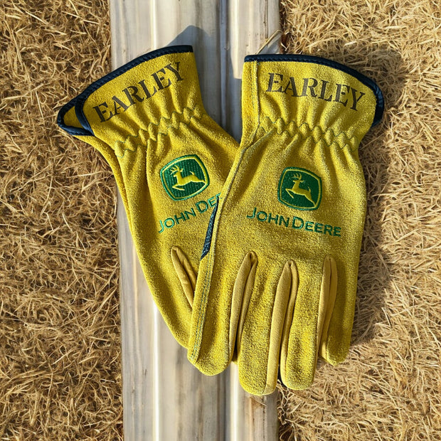 Custom Leather Work Gloves - Personalized John Deere Farming Gloves - Engraved Name Ranch Gloves - Heavy Duty Farm & Ranch Gear - SystemPoint Solutions