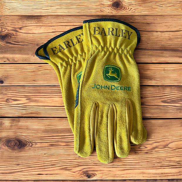 Custom Leather Work Gloves - Personalized John Deere Farming Gloves - Engraved Name Ranch Gloves - Heavy Duty Farm & Ranch Gear - SystemPoint Solutions
