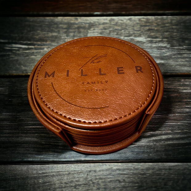 Personalized Leather Coaster Set - Engraved Family Name - 6 Piece Drink Coasters with Holder - SystemPoint Solutions