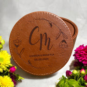 Personalized Leather Minimalist Initial Coaster Set - Engraved Name - 6 Piece Drink Coasters with Holder - Customized Housewarming Gift - SystemPoint Solutions