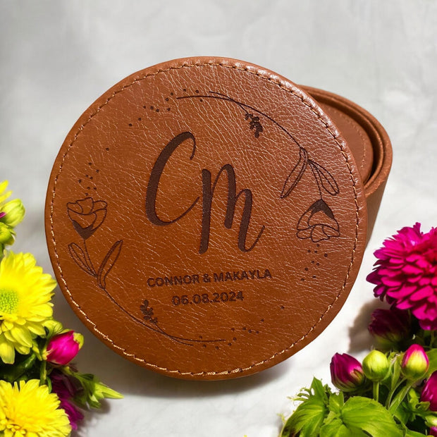 Personalized Leather Minimalist Initial Coaster Set - Engraved Name - 6 Piece Drink Coasters with Holder - Customized Housewarming Gift - SystemPoint Solutions