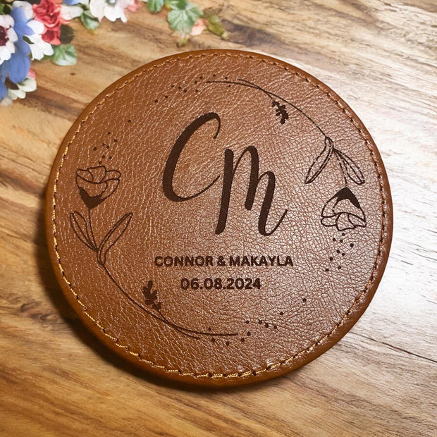 Personalized Leather Minimalist Initial Coaster Set - Engraved Name - 6 Piece Drink Coasters with Holder - Customized Housewarming Gift - SystemPoint Solutions