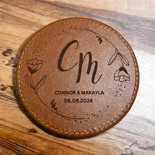 Personalized Leather Minimalist Initial Coaster Set - Engraved Name - 6 Piece Drink Coasters with Holder - Customized Housewarming Gift - SystemPoint Solutions