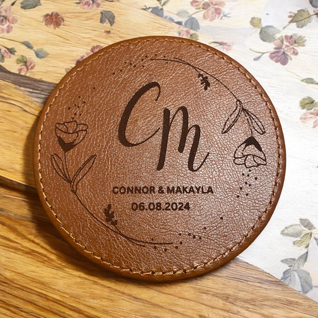 Personalized Leather Minimalist Initial Coaster Set - Engraved Name - 6 Piece Drink Coasters with Holder - Customized Housewarming Gift - SystemPoint Solutions